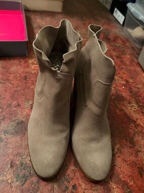 Vince Camuto Taupe Suede Scalloped Ankle Booties